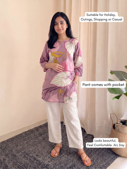 PInk Lotus - Cord Set - Pure Cotton with White Pant