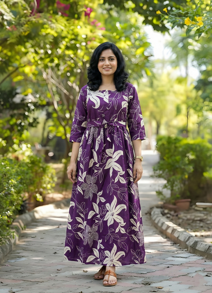Lily flower Purple - Maternity Kurti with Feeding Zips - Cotton Flex - Thicker Fabric