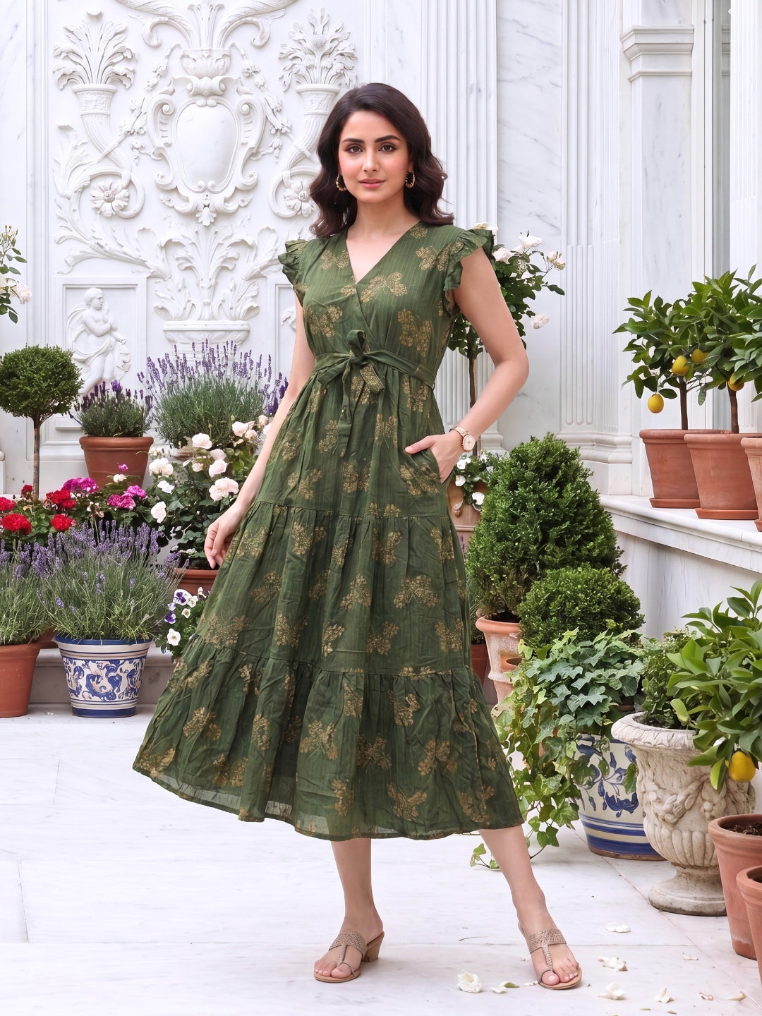 Green Stripes Butterfly - Sleevless Midi Dress - Soft Rayon
