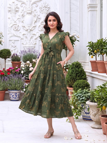 Green Stripes Butterfly - Sleevless Midi Dress - Soft Rayon