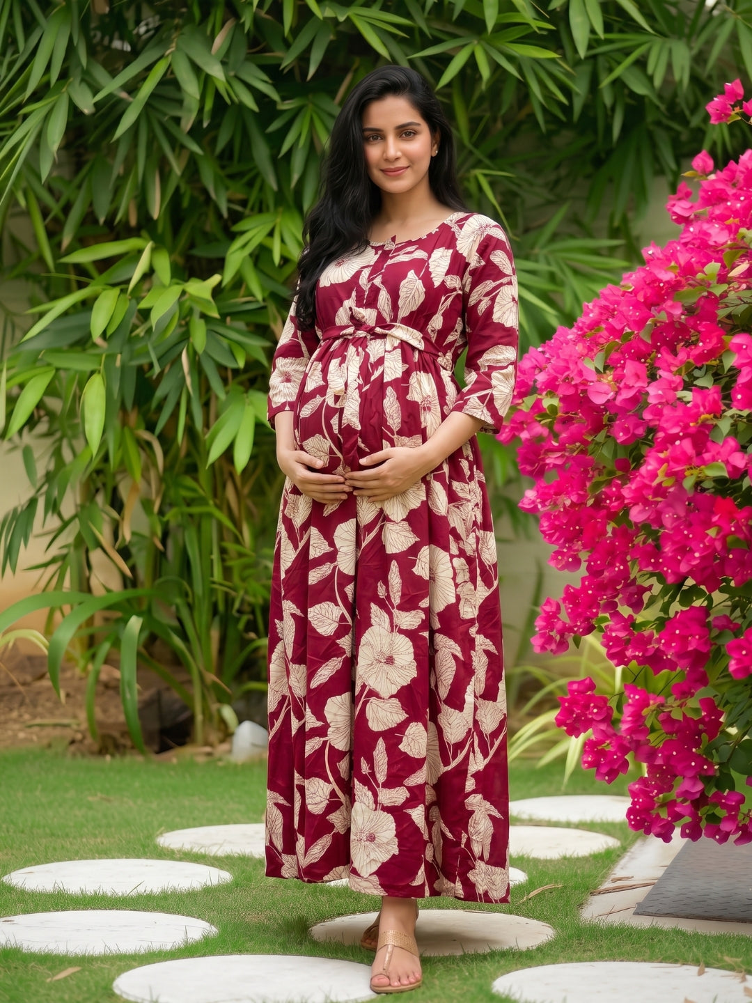 Hibiscus Maroon White - Maternity Dress with Feeding Zips - Soft Rayon