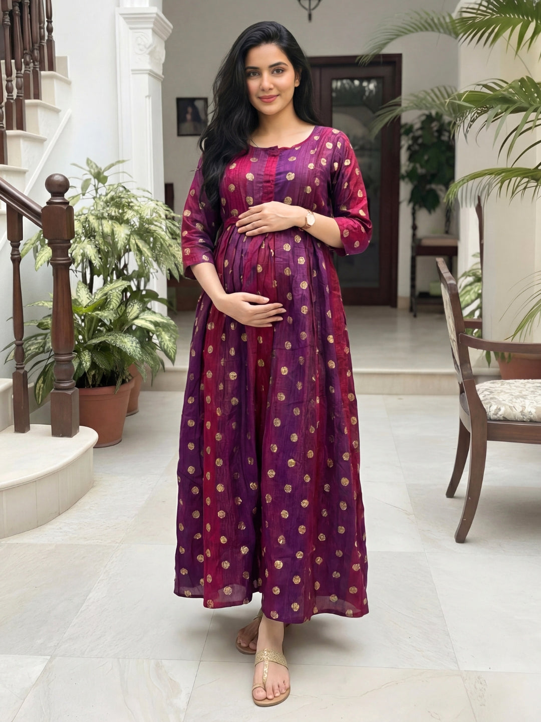 Gold Flower - Purple Maroon  - Maternity Kurti with Feeding Zips - Soft Rayon