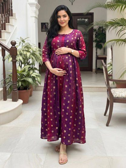 Gold Flower - Purple Maroon  - Maternity Kurti with Feeding Zips - Soft Rayon