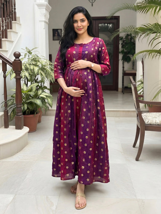 Gold Flower - Purple Maroon  - Maternity Kurti with Feeding Zips - Soft Rayon