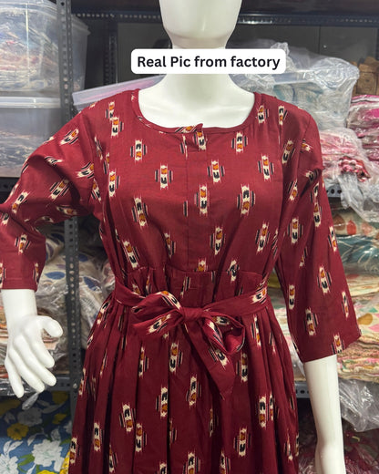 Maroon Black Ajrakh - Maternity Kurti with Feeding Zips - Cotton Flex - Thicker Fabric