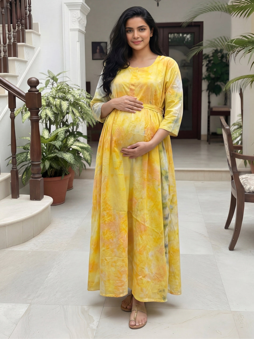 Tye Dye - Yellow Grey - Maternity Kurti with Feeding Zips - Soft Rayon