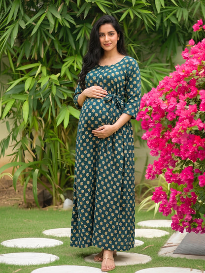 Curly Rose - Blue - Maternity Dress with Feeding Zips - Soft Rayon
