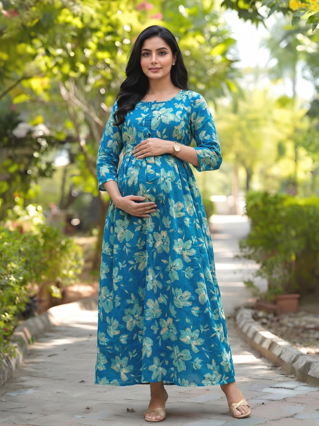 Jasmine White Flower - Firozi - Maternity Kurti with Feeding Zips - Cambric Cotton