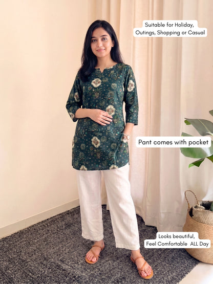 Peacock Blue Print - Cord Set with White Pant - Soft Rayon