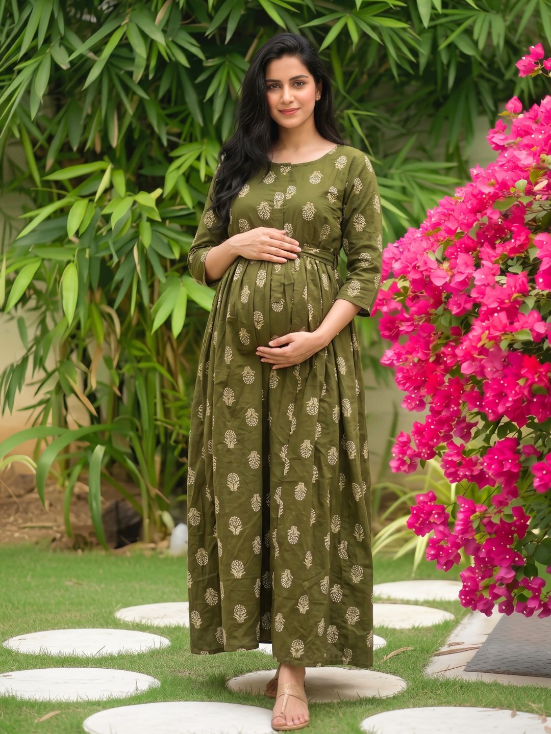 Rustic Flower - Green - Maternity Dress with Feeding Zips - Pure Cotton