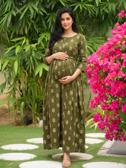 Rustic Flower - Green - Maternity Dress with Feeding Zips - Pure Cotton