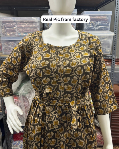 Tulip Flower - Brown - Maternity Kurti with Feeding Zips - Cotton Flex - Thicker Fabric