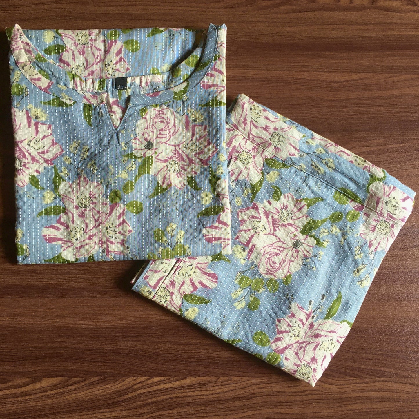 Katha Work - Classy Flowers - SKY Blue - Cord Set - Pure Cotton