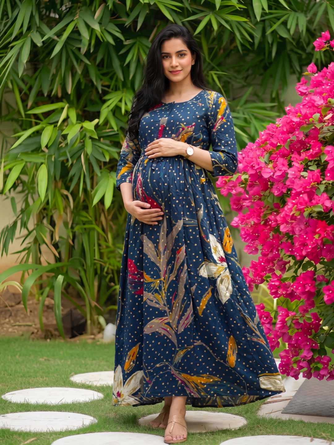Nerium Flower - Blue - Maternity Kurti with Feeding Zips - Soft Rayon
