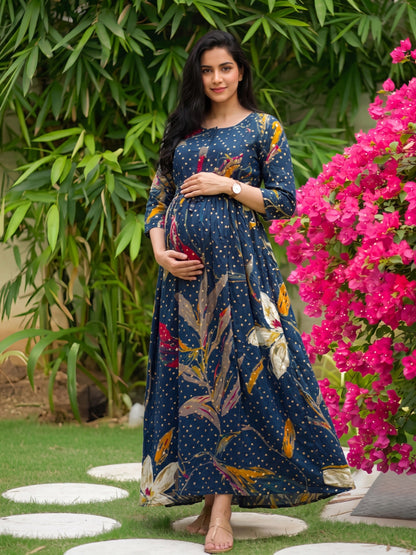Nerium Flower - Blue - Maternity Kurti with Feeding Zips - Soft Rayon