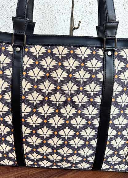 Black White Flower - Office & College Tote Bag with Laptop Compartment