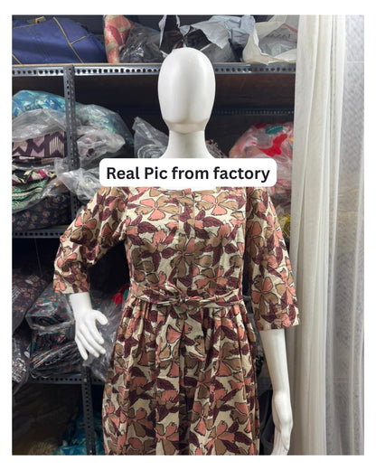 Pink Cream Leaf - Maternity Kurti with Feeding Zips - Cotton Flex - Thicker Fabric