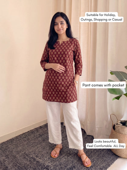 Maroon SUnflower Ajrakh - Cord Set with White Pant - Pure Cotton