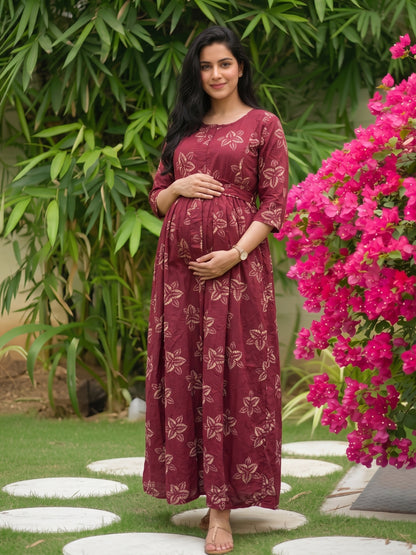 Meher Maroon - Maternity Dress with Feeding Zips - Soft Rayon