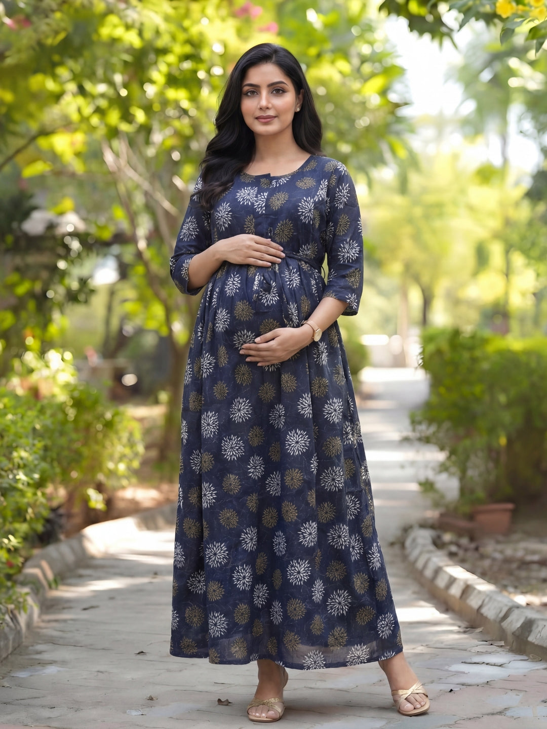 Marigold Rayon - Blue White - Maternity Kurti with Feeding Zips - Soft Rayon