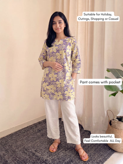 Lavender Cream - Cord Set with White Pant - Soft Rayon