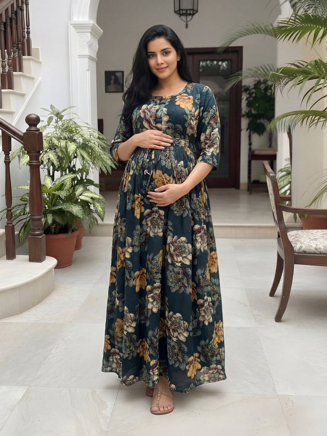 Gold & Cream Flower - Peacock Blue - Maternity Kurti with Feeding Zips - Soft Rayon