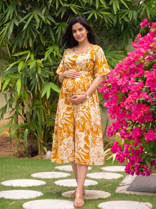 Hibiscus Yellow - Knee Length Maternity Dress with Feeding Zips - Soft Rayon