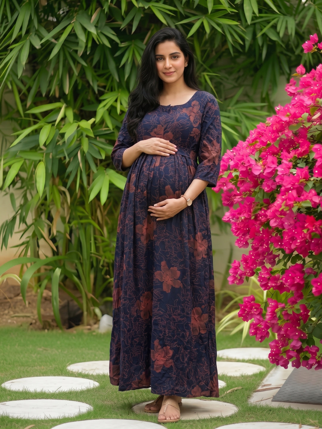 Hibiscus Blue Pink - Maternity Dress with Feeding Zips - Soft Rayon