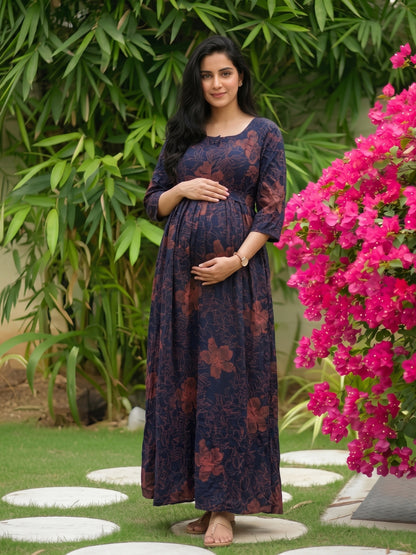 Hibiscus Blue Pink - Maternity Dress with Feeding Zips - Soft Rayon