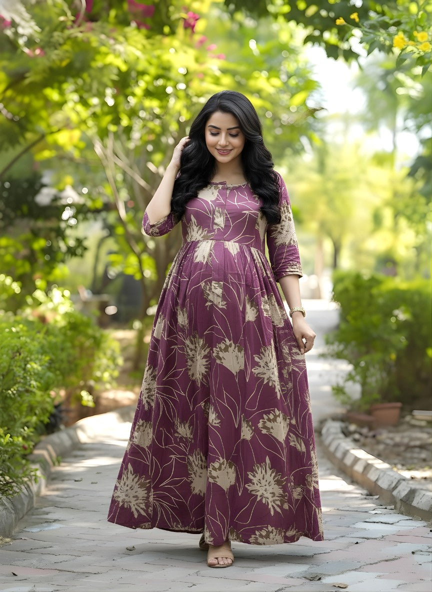 Pink Cream Flower - Maternity Kurti with Feeding Zips - Cotton Flex - Thicker Fabric