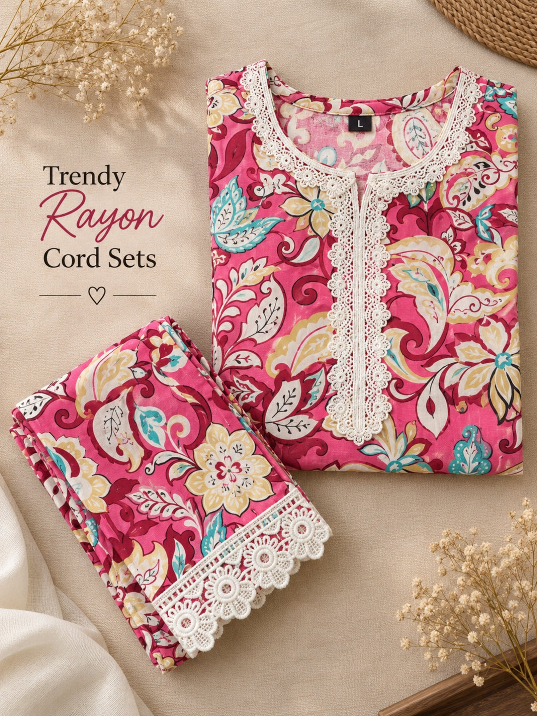 Lace Work - Baby Pink - Cord Set - Soft Rayon