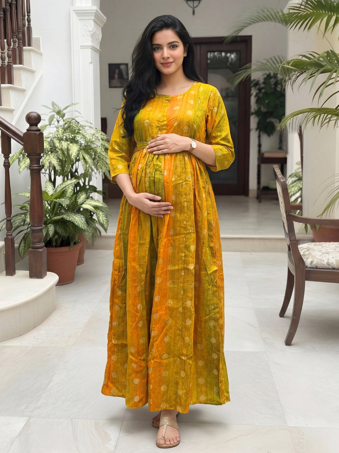 Gold Flower - Yellow  - Maternity Kurti with Feeding Zips - Soft Rayon