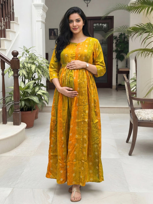 Gold Flower - Yellow  - Maternity Kurti with Feeding Zips - Soft Rayon