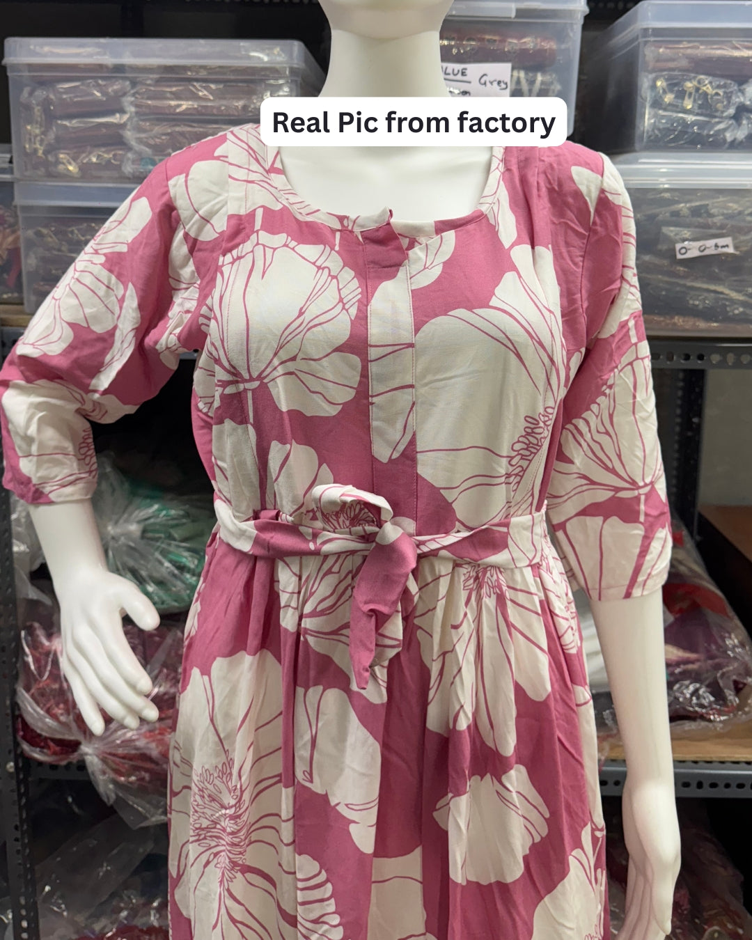 Baby Pink White Big Flower - Maternity Kurti with Feeding Zips - Soft Rayon