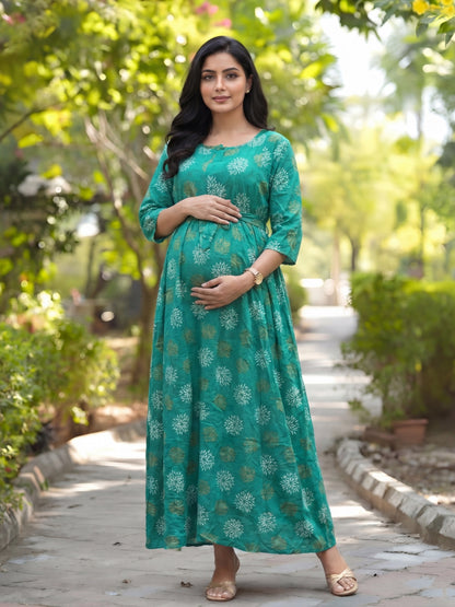 Marigold Rayon - Sea Green White - Maternity Kurti with Feeding Zips - Soft Rayon