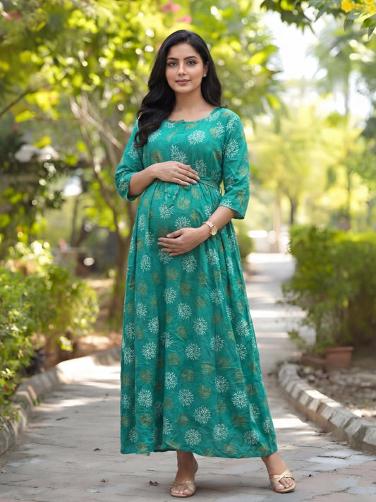 Marigold Rayon - Sea Green White - Maternity Kurti with Feeding Zips - Soft Rayon