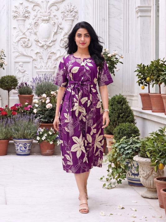 Lily Flower Purple - Short Sleeves Midi Dress -  Pure Cotton