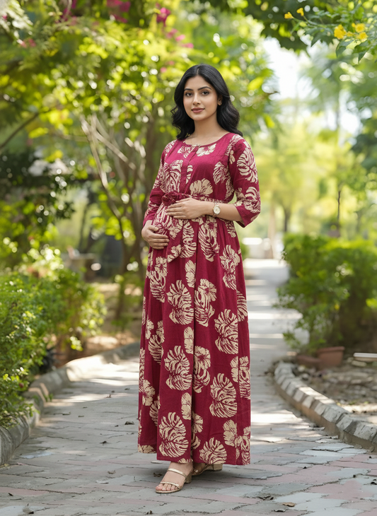 Swiss Cheese Pink - Maternity Kurti with Feeding Zips - Cotton Flex - Thicker Fabric