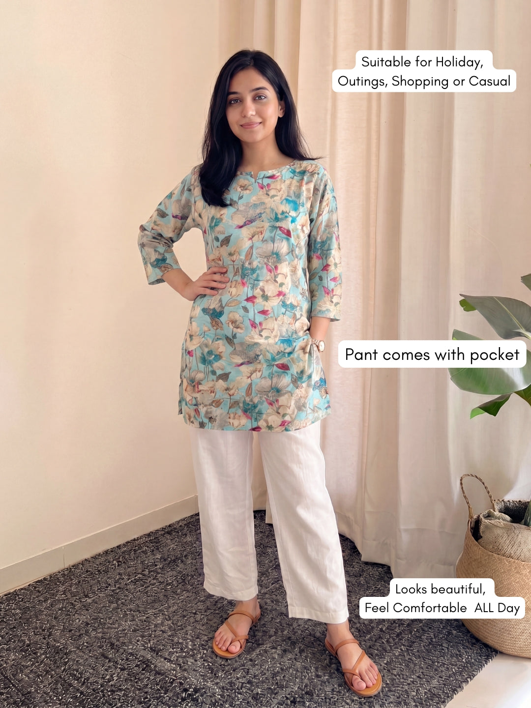 Sky Blue White- Cord Set with White Pant - Soft Rayon