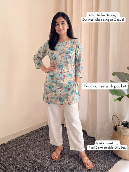 Sky Blue White- Cord Set with White Pant - Soft Rayon