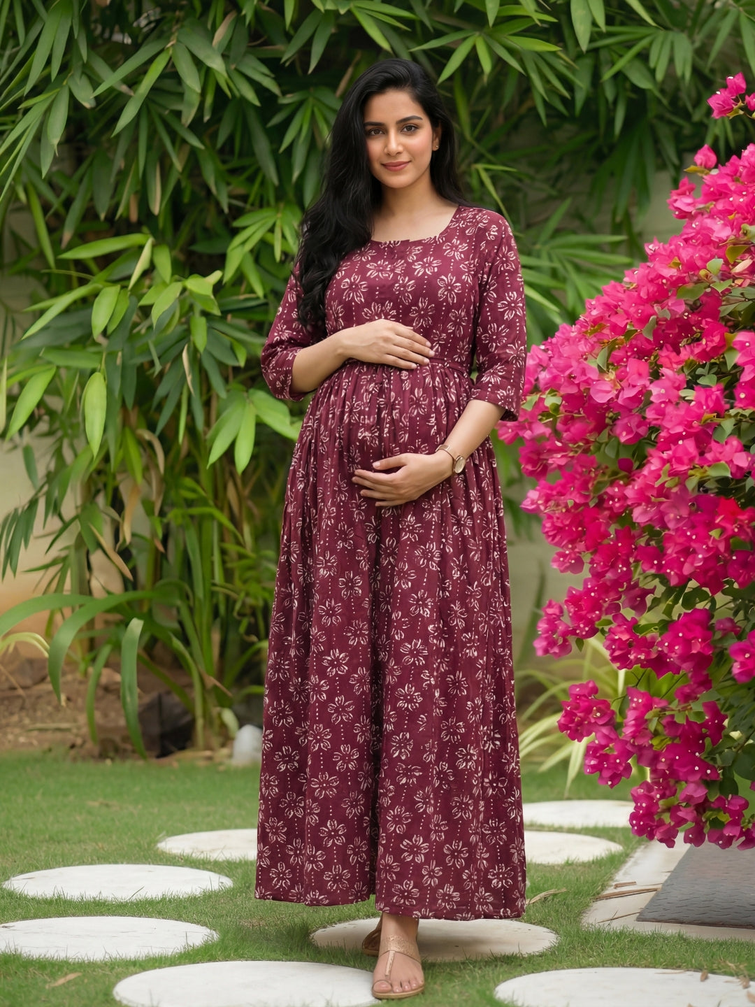 Iris Flower  - Wine - Maternity Kurti with Feeding Zips - Cotton Flex - Thicker Fabric