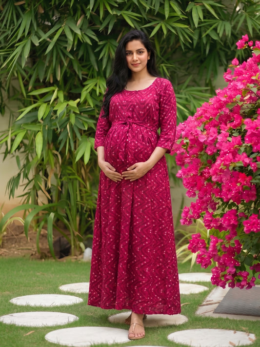 Raani ZigZag Bandhani- Maternity Dress with Feeding Zips - Soft Rayon