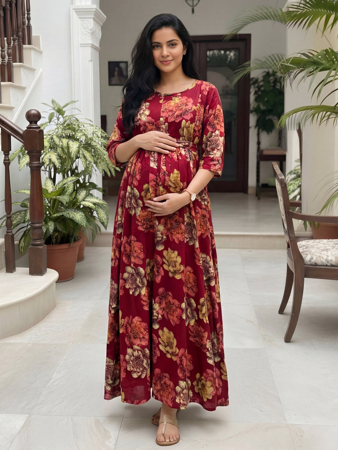 Gold & Cream Flower - Maroon - Maternity Kurti with Feeding Zips - Soft Rayon