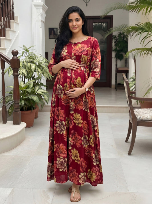 Gold & Cream Flower - Maroon - Maternity Kurti with Feeding Zips - Soft Rayon