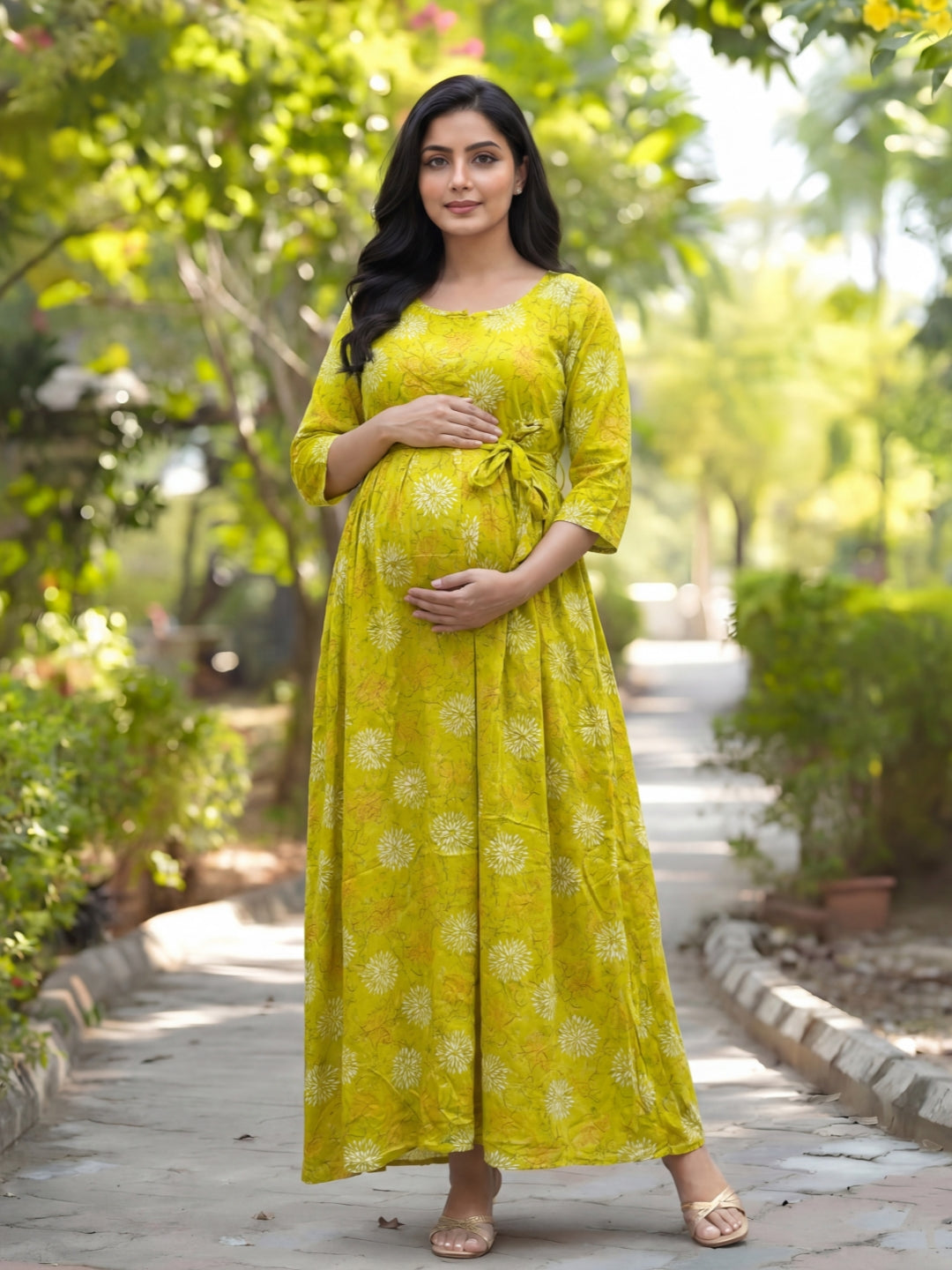 Marigold Rayon - Lemon White - Maternity Kurti with Feeding Zips - Soft Rayon