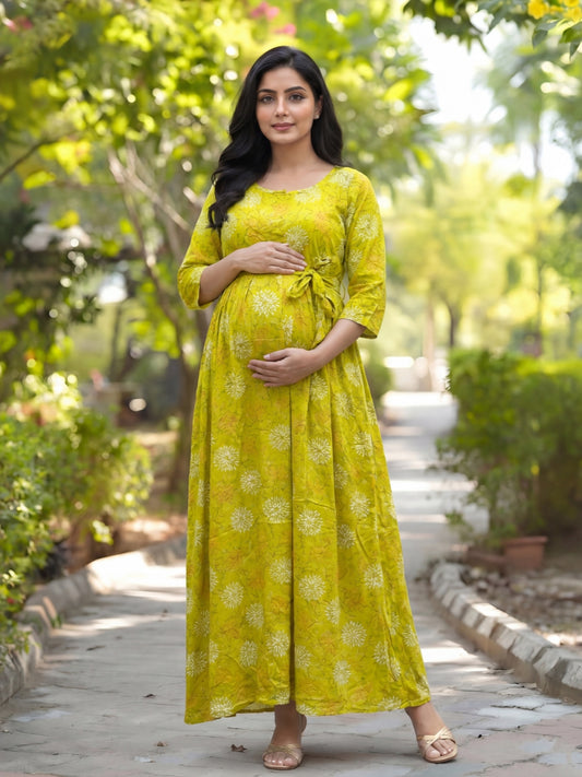 Marigold Rayon - Lemon White - Maternity Kurti with Feeding Zips - Soft Rayon
