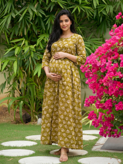 Senna Flower - Yellow - Maternity Kurti with Feeding Zips - Cotton Flex - Thicker Fabric