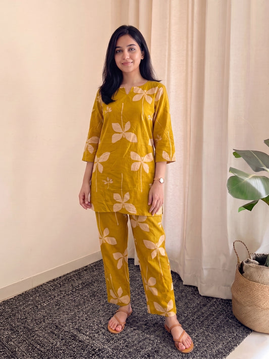Yellow Flower Motif - Cord Set - Pure Cotton