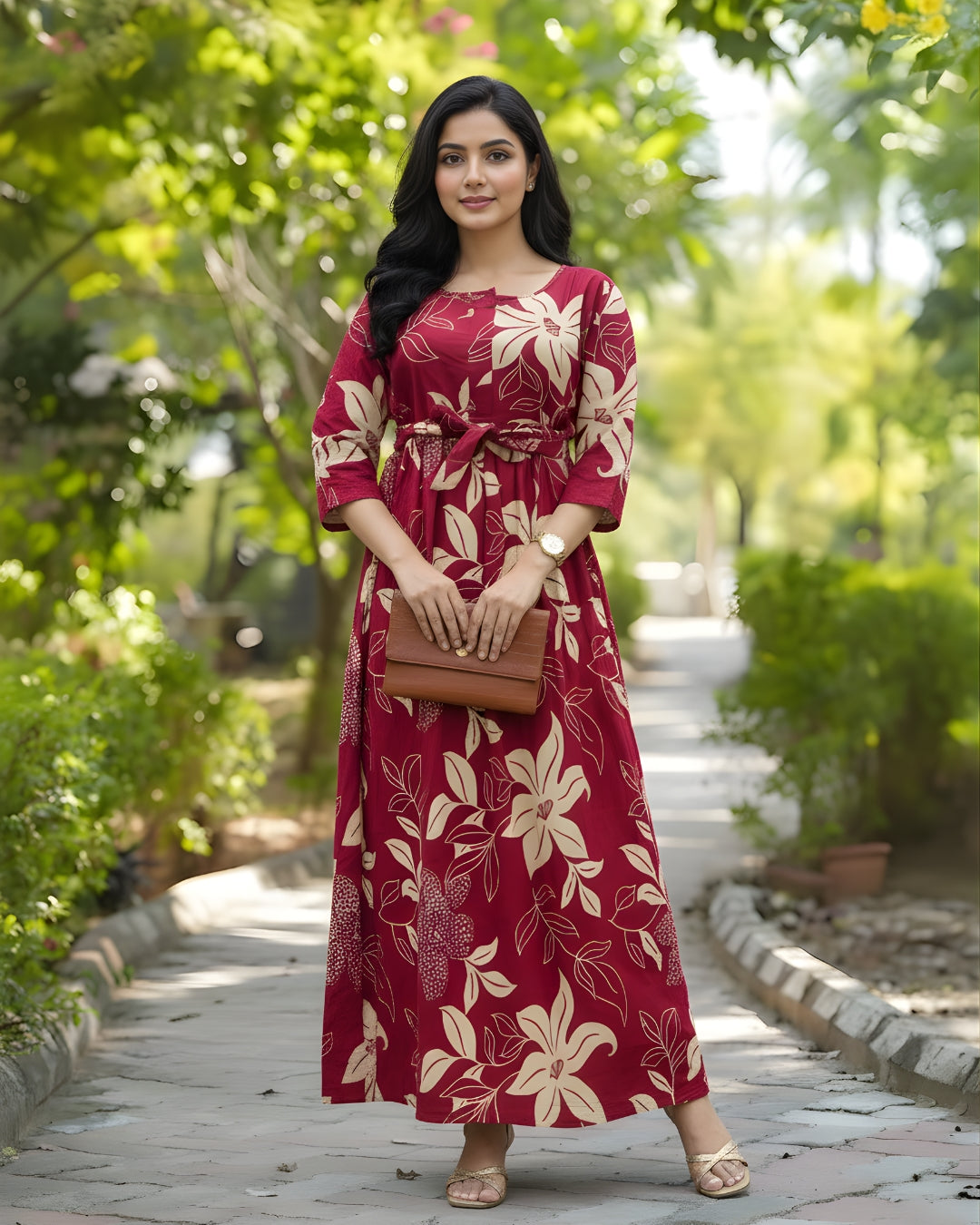 Lily Flower Pink - Maternity Kurti with Feeding Zips - Cotton Flex - Thicker Fabric