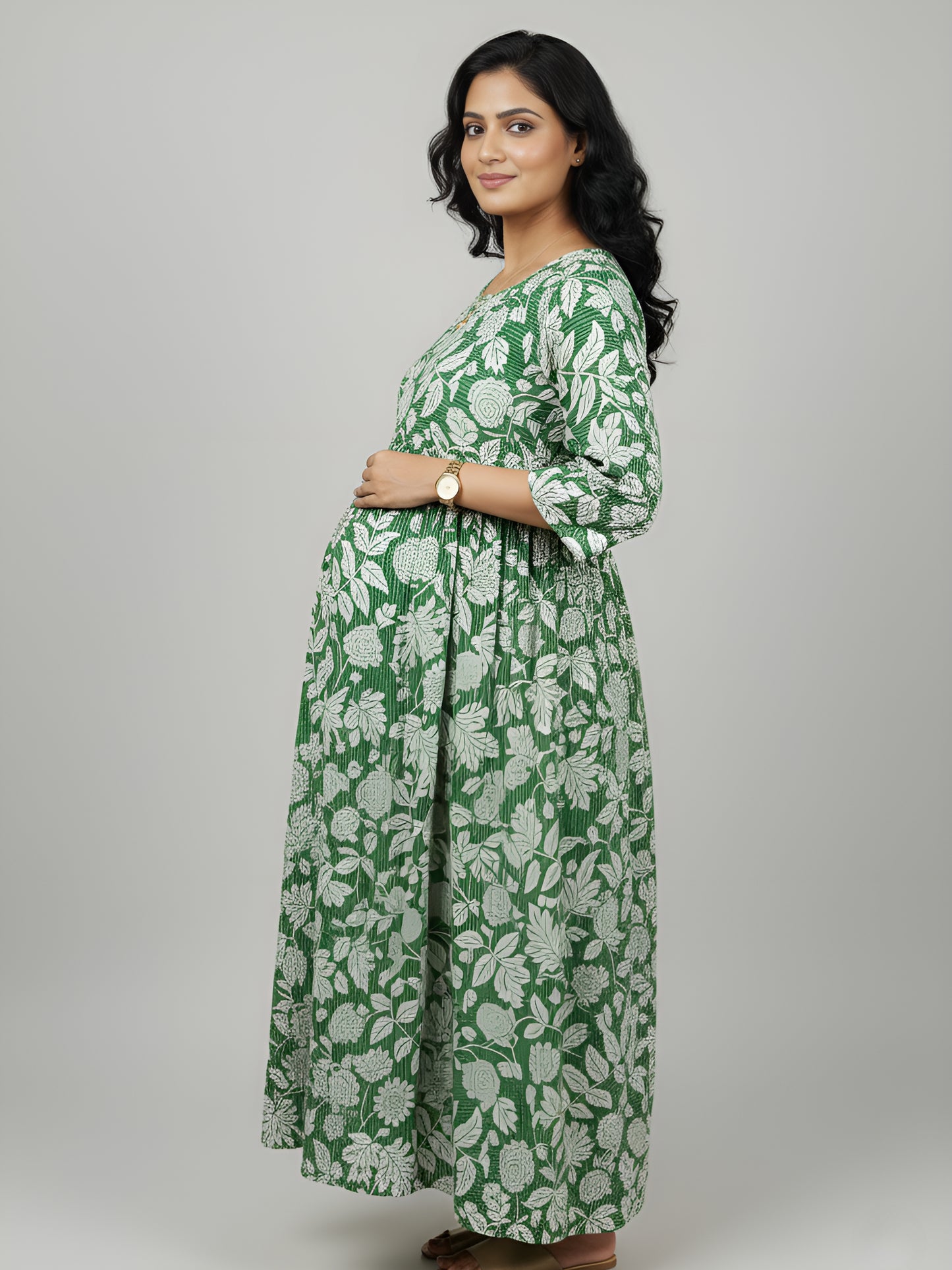 Leafy Stripes - Green - Maternity Kurti with Feeding Zips - Soft Rayon